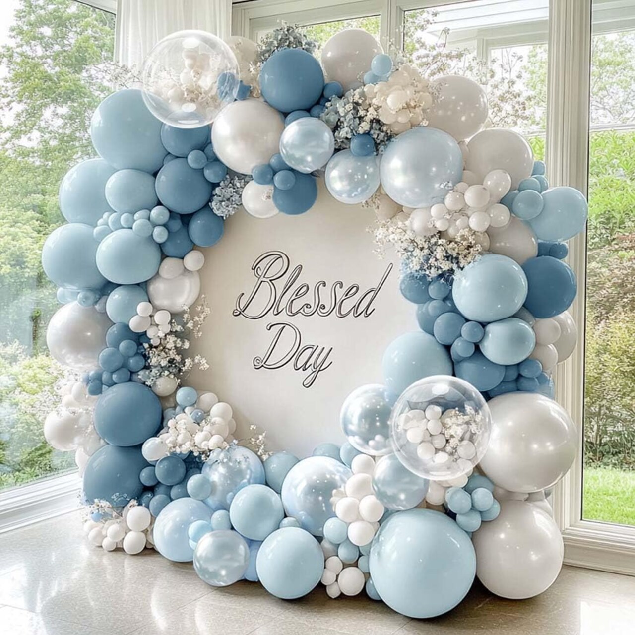 Dusty Blue and White Balloons Garland Double Stuffed Pearl Light Blue Balloon Arch Kit for Birthday Baby Shower Wedding Bridal Cinderella Frozen Winter Party Decorations